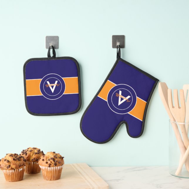 Orange and Blue Monogram Personalized Oven Mitt & Pot Holder Set (Insitu(Hanging))