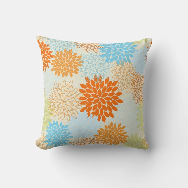 Orange and Blue Mums Throw Pillow (Front)