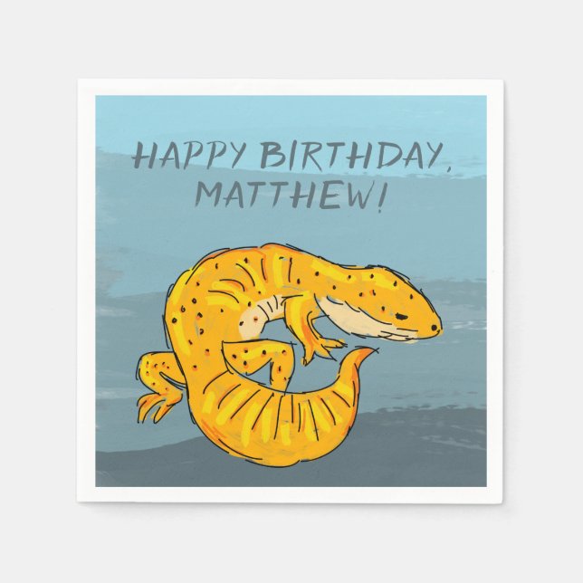 Orange and Blue Personalized Gecko Birthday Party Napkins (Front)