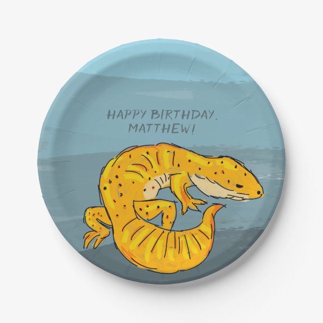 Orange and Blue Personalized Gecko Birthday Party Paper Plates (Front)