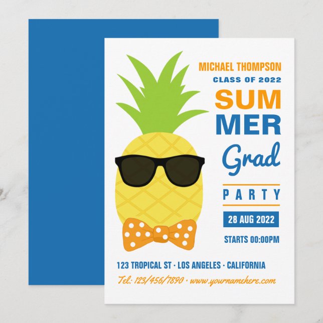 Orange and Blue Pineapple Summer Grad Party Invita Invitation (Front/Back)