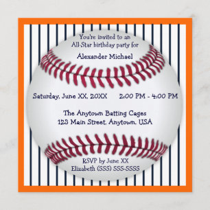 Orange And Blue Pinstripes Baseball Birthday Party Invitation