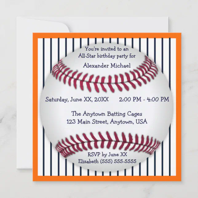 Orange And Blue Pinstripes Baseball Birthday Party Invitation | Zazzle