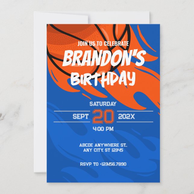 Orange and blue playful Basketball fire birthday Invitation (Front)