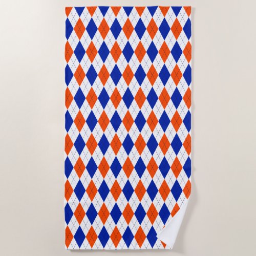 Orange and Blue Preppy Diamond Argyle Pattern Beach Towel