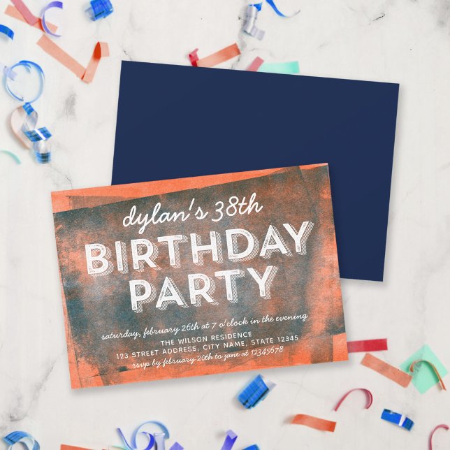 Orange and Blue Rolled Ink Any Age Birthday Invitation (Creator Uploaded)