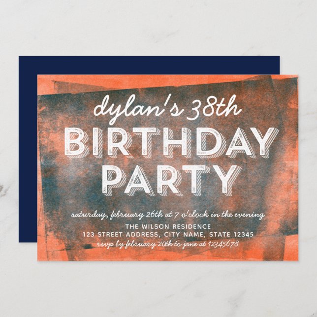 Orange and Blue Rolled Ink Any Age Birthday Invitation (Front/Back)
