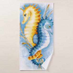 Orange and Blue Seahorse Watercolor Bath Towel Set
