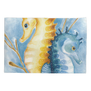 Orange and Blue Seahorse Watercolor Pillow Case