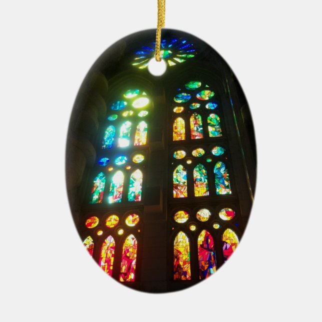 Orange and Blue Stained GlassOval Ceramic Ornament (Front)