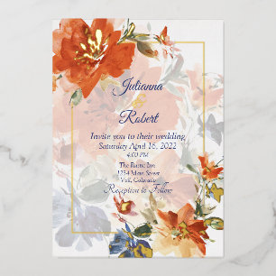 Orange and blue watercolor fall floral wedding  foil invitation