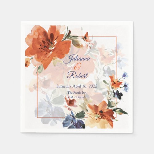 Orange and blue watercolor fall floral wedding  napkins