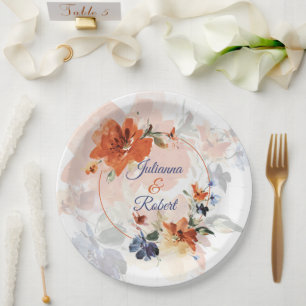 Orange and blue watercolor fall floral wedding paper plates