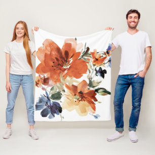 Orange and blue watercolor floral fleece blanket