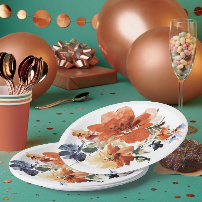 Orange and blue watercolor floral  paper plates (Multi)