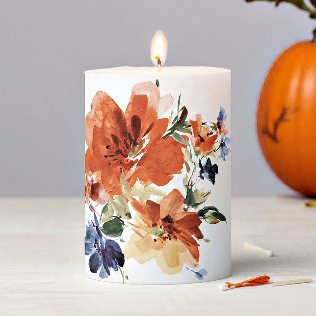 Orange and blue watercolor floral  pillar candle (Creator Uploaded)