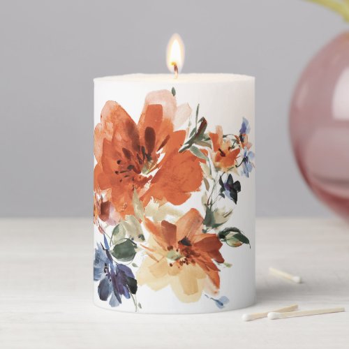 Orange and blue watercolor floral  pillar candle