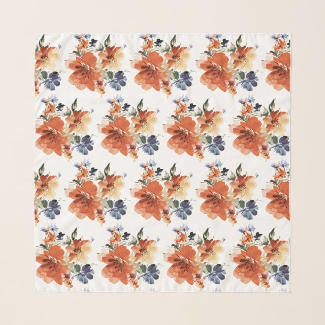 Orange and blue watercolor floral  scarf (Front)