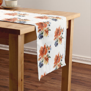 Orange and blue watercolor floral short table runner
