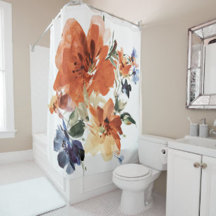 Orange and blue watercolor floral shower curtain