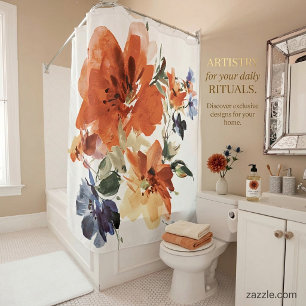 Orange and blue watercolor floral shower curtain