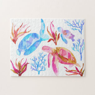 Orange and Blue Watercolor Turtles Coral Reef Jigsaw Puzzle
