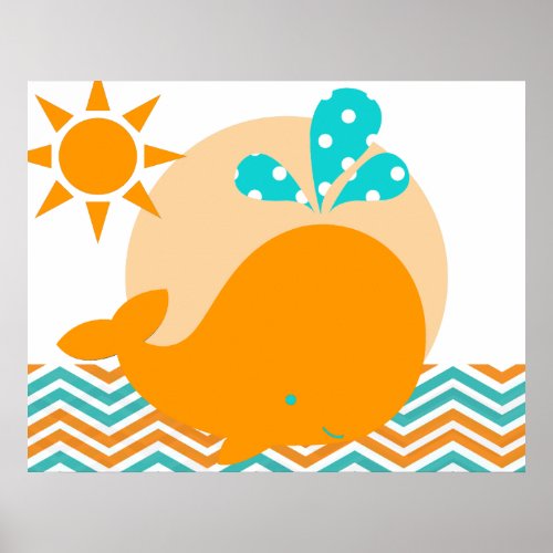 Orange and Blue Whale Nursery Poster