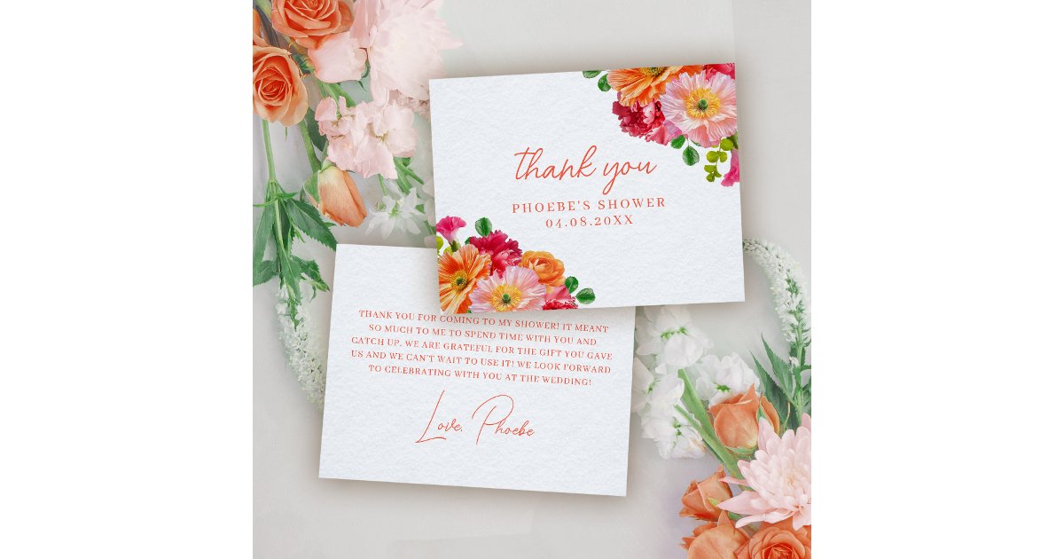 Orange and Bright Pink Floral Bridal Shower Flat Thank You Card | Zazzle