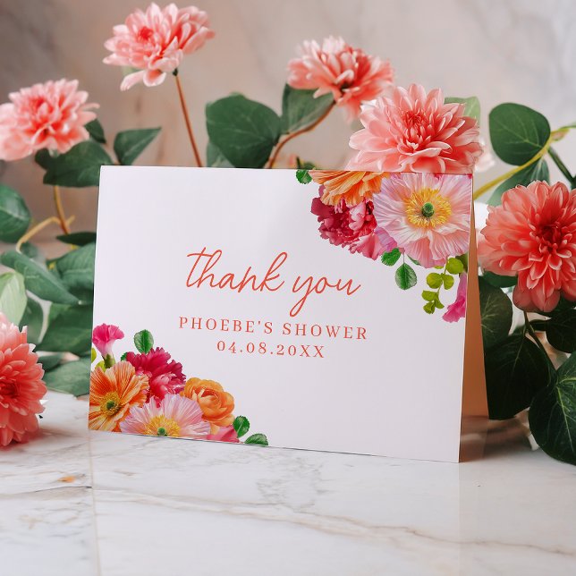 Orange and Bright Pink Floral Bridal Shower Folded Thank You Card (Creator Uploaded)