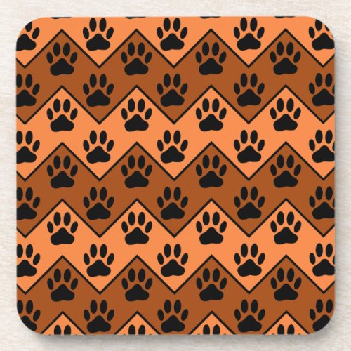 Orange And Brown Chevron With Dog Paw Pattern Beverage Coaster