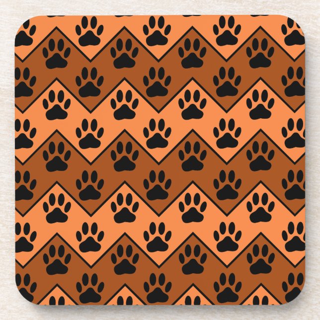 Orange And Brown Chevron With Dog Paw Pattern Beverage Coaster (Front)
