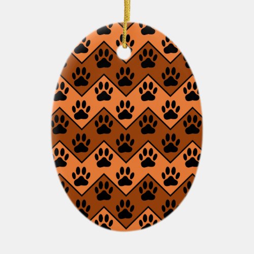 Orange And Brown Chevron With Dog Paw Pattern Ceramic Ornament