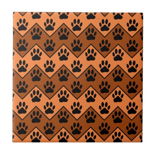 Orange And Brown Chevron With Dog Paw Pattern Ceramic Tile