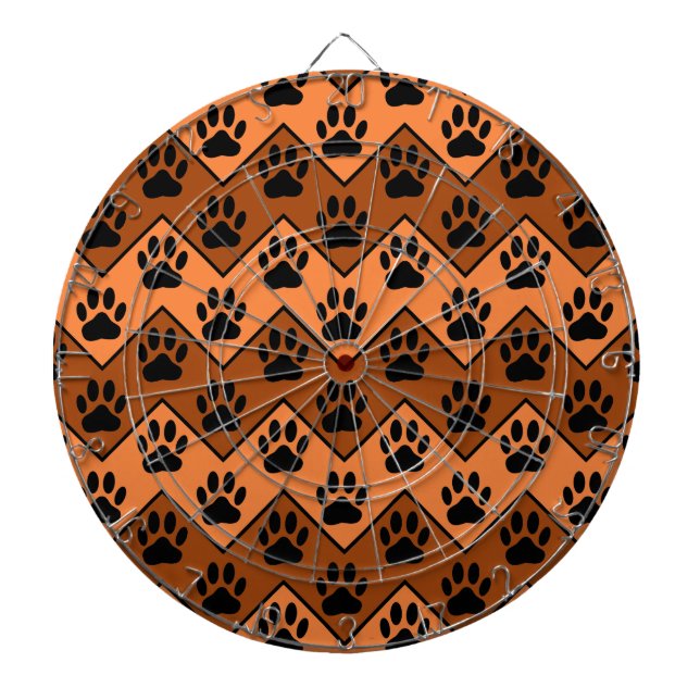Orange And Brown Chevron With Dog Paw Pattern Dartboard With Darts (Front)