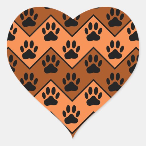 Orange And Brown Chevron With Dog Paw Pattern Heart Sticker