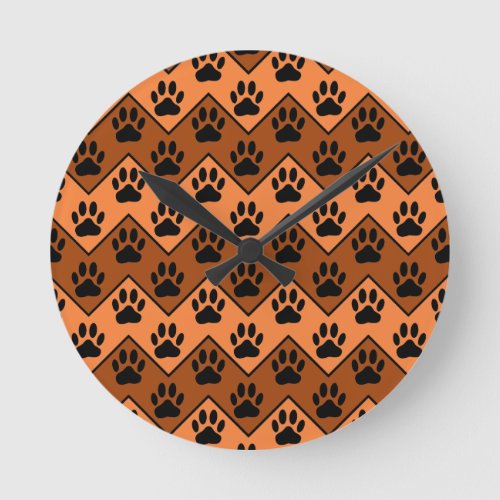 Orange And Brown Chevron With Dog Paw Pattern Round Clock