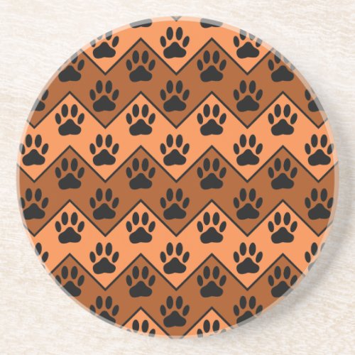 Orange And Brown Chevron With Dog Paw Pattern Sandstone Coaster