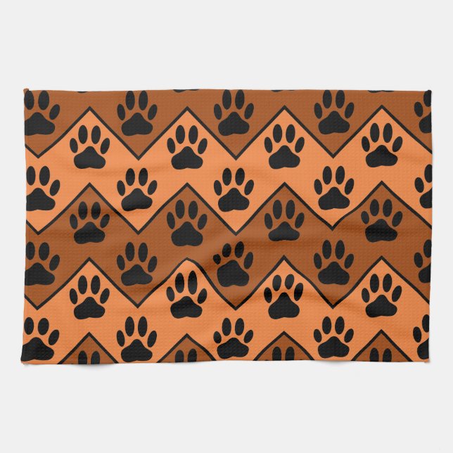 Orange And Brown Chevron With Dog Paw Pattern Towel (Horizontal)