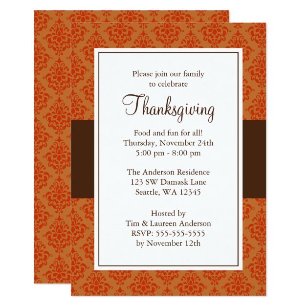 Orange And Brown Damask Thanksgiving Invitations