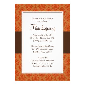Orange and Brown Damask Thanksgiving Invitations