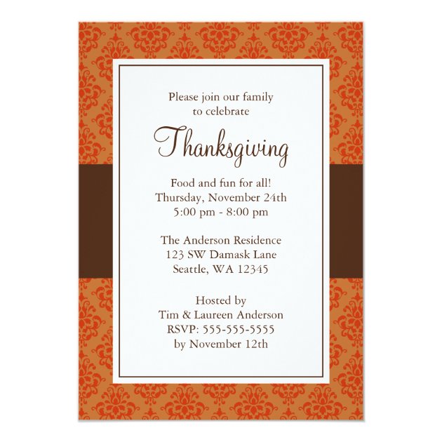 Orange And Brown Damask Thanksgiving Invitations
