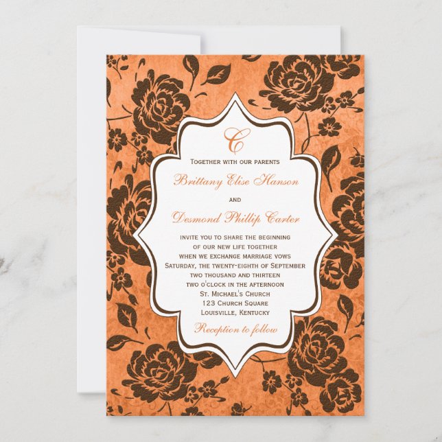 Orange and Brown Floral Damask Wedding Invitation (Front)