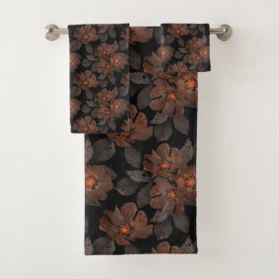 Orange and brown flowers on a black background. bath towel set