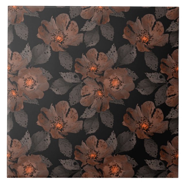 Orange and brown flowers on a black background. ceramic tile (Front)