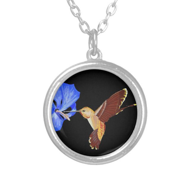 Orange and Brown Hummingbird and Blue Hibiscus Silver Plated Necklace (Front)