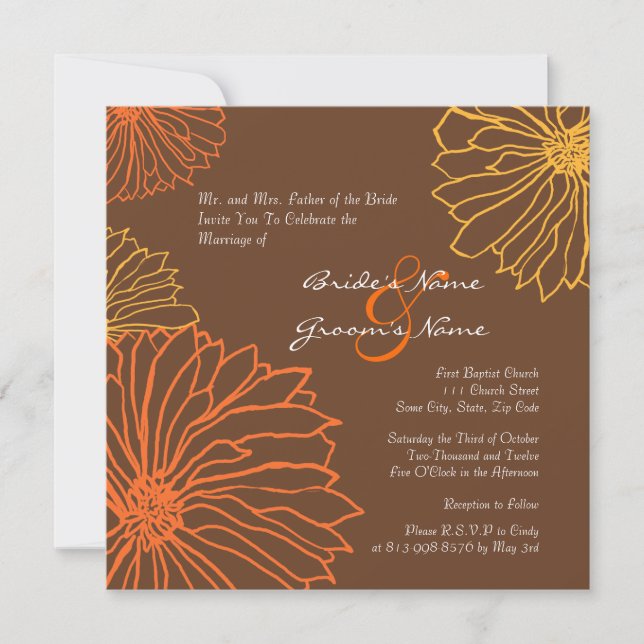 Orange and Brown Mum Flowers Wedding Invitation (Front)