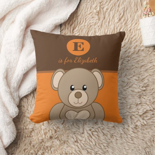 Orange and brown with a cute teddy bear baby name throw pillow