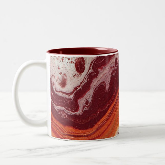 orange and burgundi fluid Two-Tone coffee mug (Left)