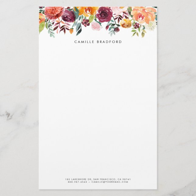 Orange and Burgundy Floral Garland Autumn Floral Stationery (Front)