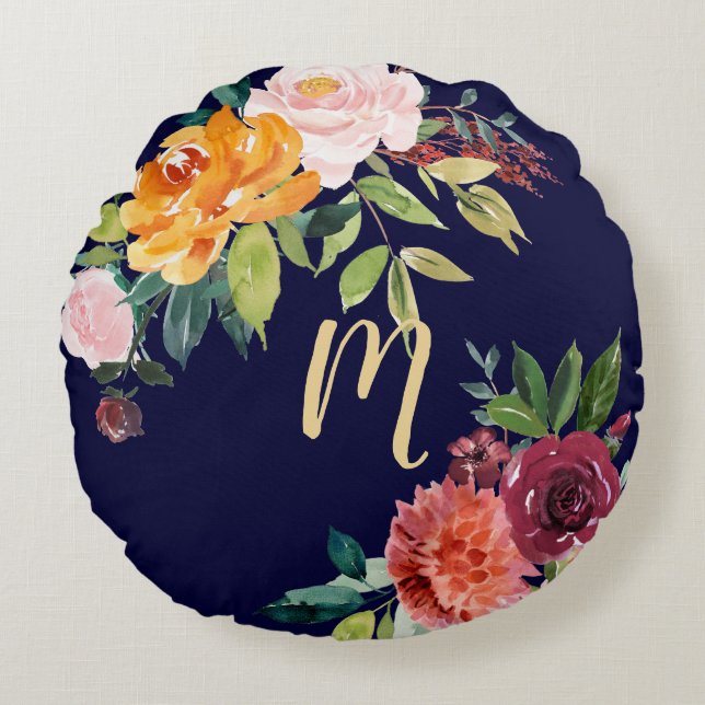 Orange and Burgundy Flowers on Navy | Monogram Round Pillow (Front)